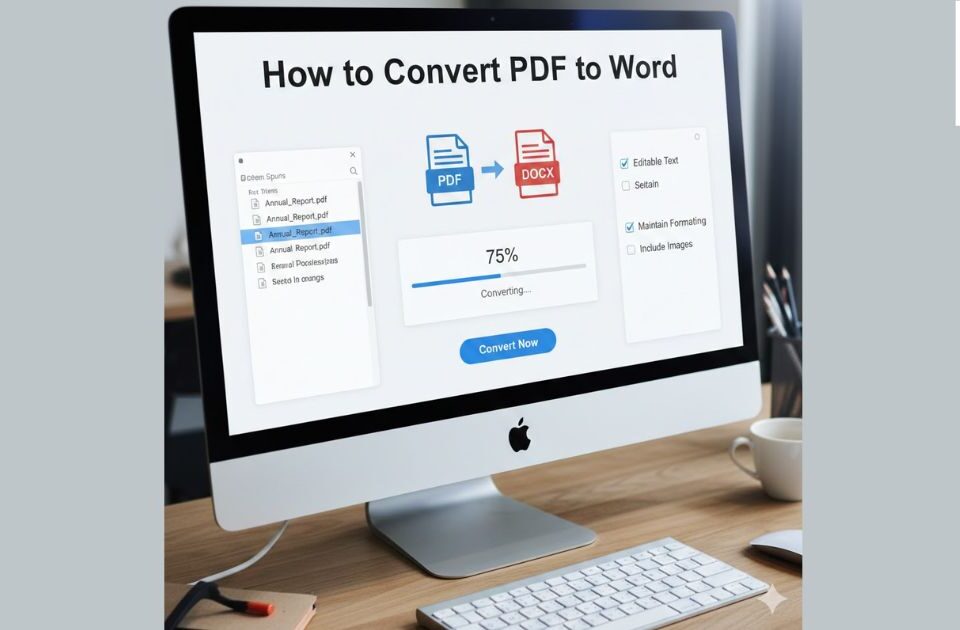 Step-by-step guide image for converting PDF files to editable Word documents online.